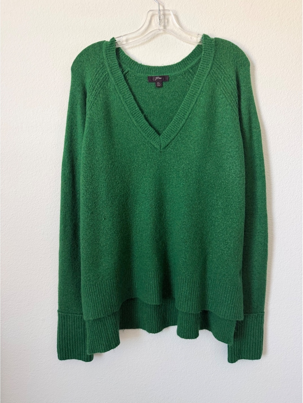 J. Crew Wool Blend Long Sleeve V-Neck Hi-Low Green Pullover Sweater Size XL
